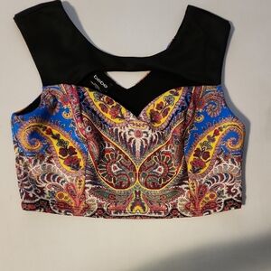 Bebe Blue and Orange Crop Tank Top with Cut Out Design